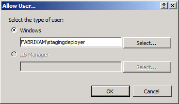 В диалоговом окне Разрешить пользователя введите домен и имя пользователя учетной записи, которую вы хотите использовать для развертывания содержимого, а затем нажмите кнопку ОК.