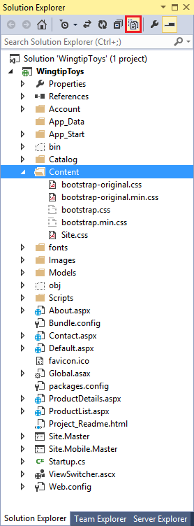 Снимок экрана: окно Обозреватель решений с открытой папкой Содержимое, в котором отображаются все файлы внутри.