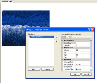 Снимок экрана: экран редактора коллекций HotSpot, отображаемый над окном точка по умолчанию A S P X-файл.