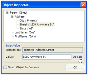 Использование окна Инспектор объектов для просмотра объекта JSON.