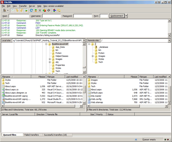 Снимок экрана: FTP-клиент FileZilla, на котором показано, что некоторые файлы исходного кода ASP Dot Net не были скопированы на удаленный сервер.