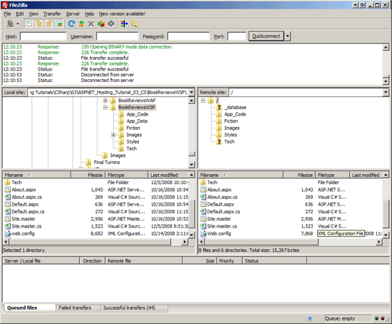 Снимок экрана: окно ftp-клиента FileZilla, в котором показаны файлы исходного кода ASP Dot Net успешно отправлены на сервер.