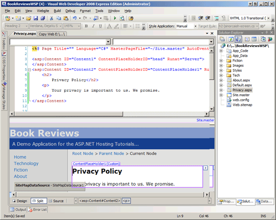 Добавление кода>новой страницы с именем <Privacy.aspx< или кода> в корневую папку веб-сайта