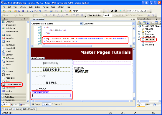 Добавление элемента управления ContentPlaceHolder в левый столбец главной страницы