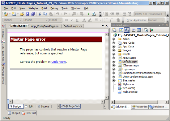 Visual Studio Использует атрибут MasterPageFile директивы <span class=