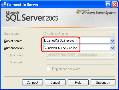 Подключение к экземпляру SQL Server 2005, экспресс-выпуск