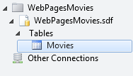 Рабочая область WebMatrix Database с открытым деревом для таблицы Movies