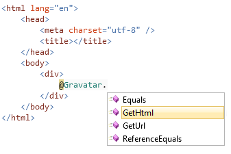 Снимок экрана: редактор исходного кода с раскрывающимся списком IntelliSense вспомогательного приложения Gravatar с элементом Get H T M L, выделенным желтым цветом.