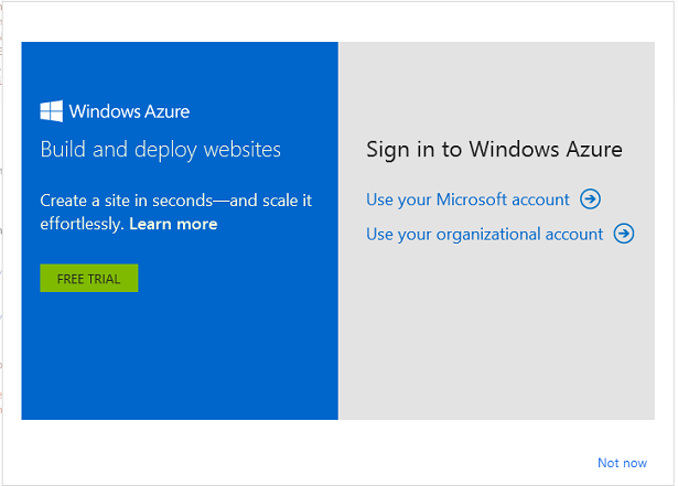 Снимок экрана: диалоговое окно входа в Microsoft Windows Azure с учетными записями Майкрософт и учетными записями организации.