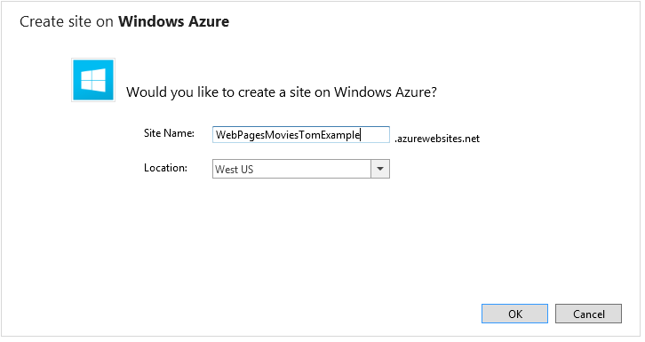 Снимок экрана: окно Создания сайта в Windows Azure с измененным именем сайта в поле Имя сайта.