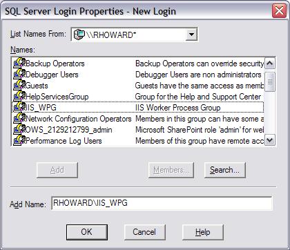 Снимок экрана: экран windows SQL Enterprise Manager SQL Server свойства входа. На экране отображается список имен серверов.