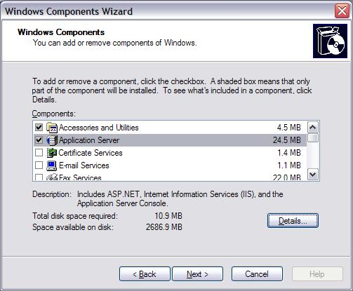 Снимок экрана: окно мастера компонентов Windows. ASP.NET выделен.