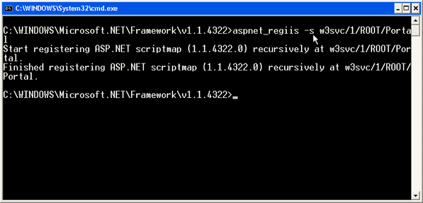 Снимок экрана: запуск Aspnet_regiis.exe -s W 3 S V C косая черта 1 косая черта корневой косой черты портала для обновления карты скрипта IS портала и его вложенного приложения.