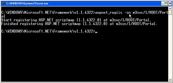 Снимок экрана: запуск Aspnet_regiis.exe -sn W 3 S V C косая черта 1 косая черта корневой косой черты портала для обновления карты скрипта IS портала без влияния на приложения в подкаталогах портала.
