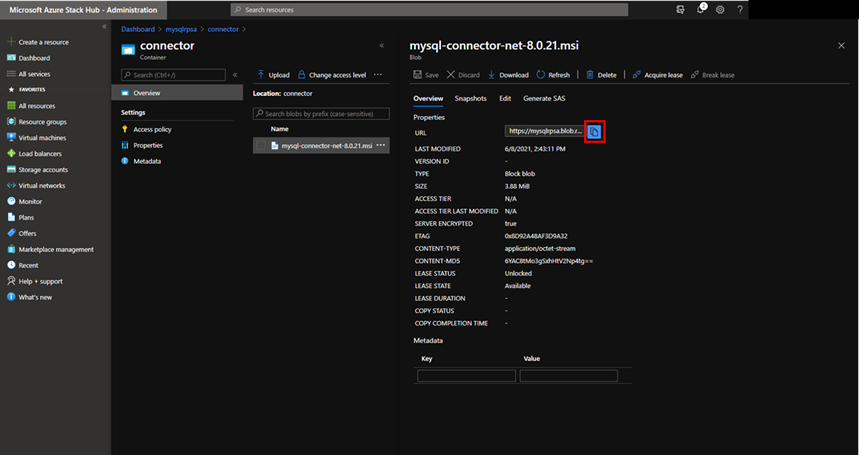 Снимок экрана: копирование URI соединителя MySQL.