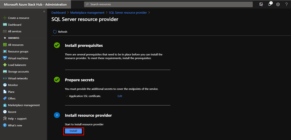 Снимок экрана: запуск установки поставщика ресурсов для управления Marketplace.