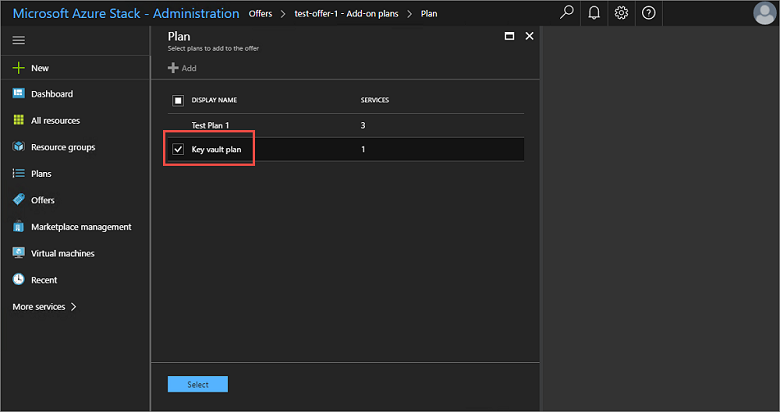 Select the add-on plan to add in Azure Stack administrator portal