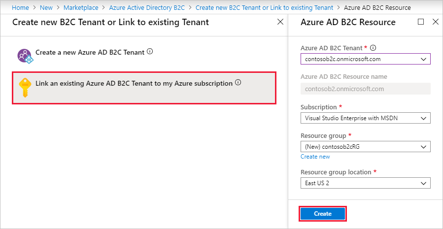 The Azure AD B2C Resource creation page in Azure portal