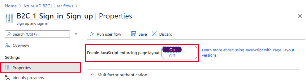 User flow properties page with Enable JavaScript setting highlighted