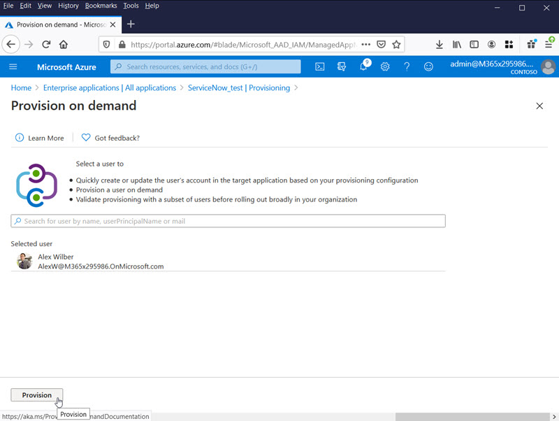 Screenshot that shows the Azure portal UI for provisioning a user on demand.