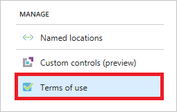 Screenshot of the Manage section of the Azure Active Directory page. The Terms of use item is highlighted.