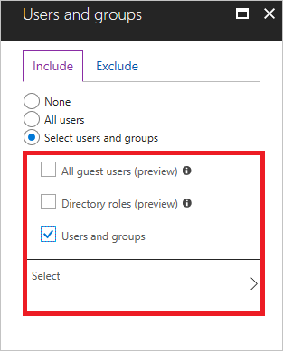 Screenshot of the Include tab of the Users and groups page. Select users and groups is selected, as is Users and groups. Select is highlighted.