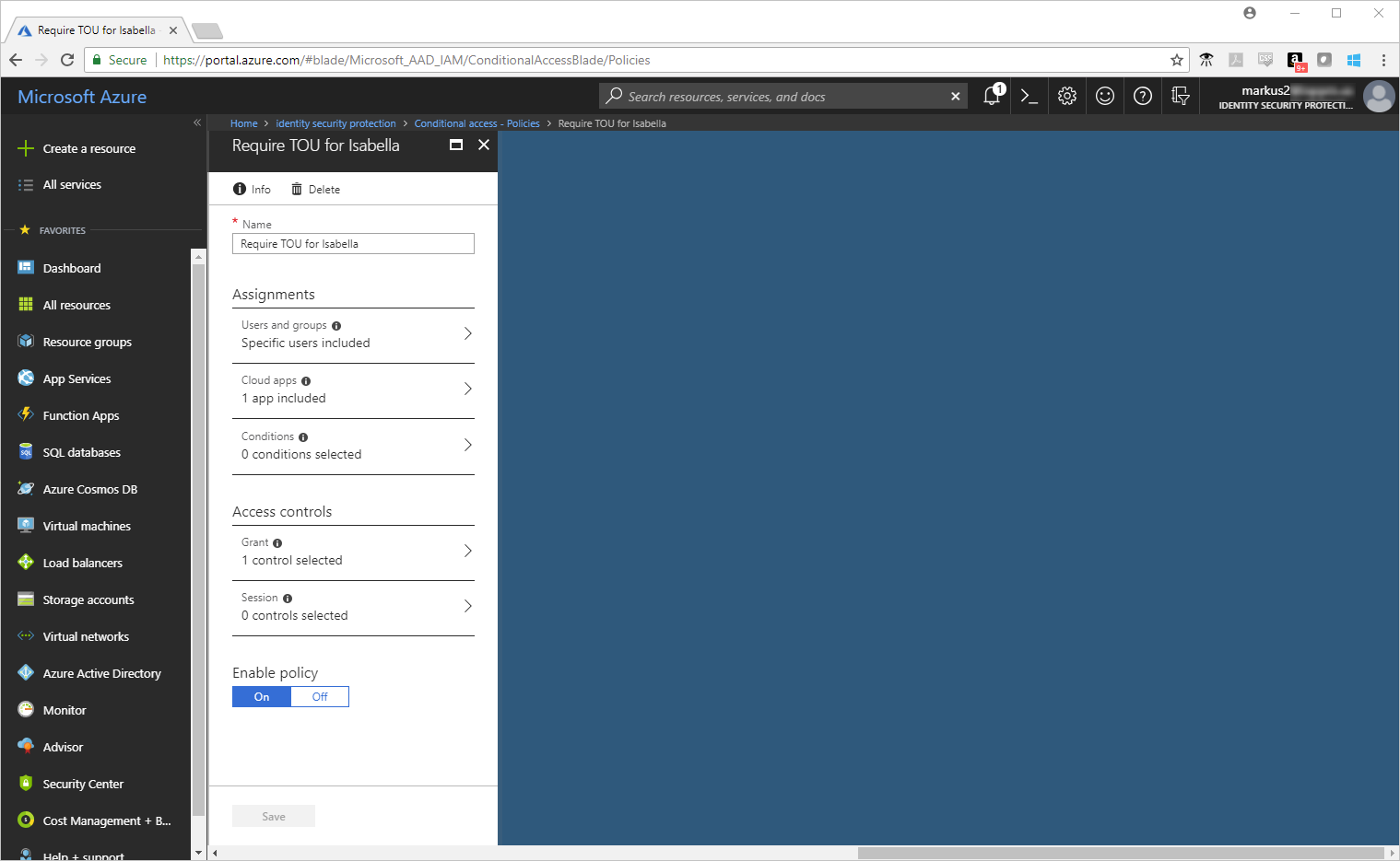 Screenshot of the Azure portal. A pane that defines a policy named Require T O U for Isabella is visible.