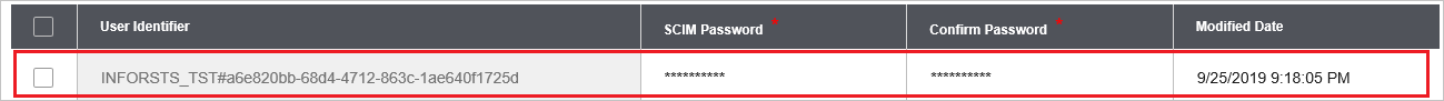 Screenshot of the Infor CloudSuite admin console showing a highlighted table row. That row contains a user identifier, passwords, and a time stamp.