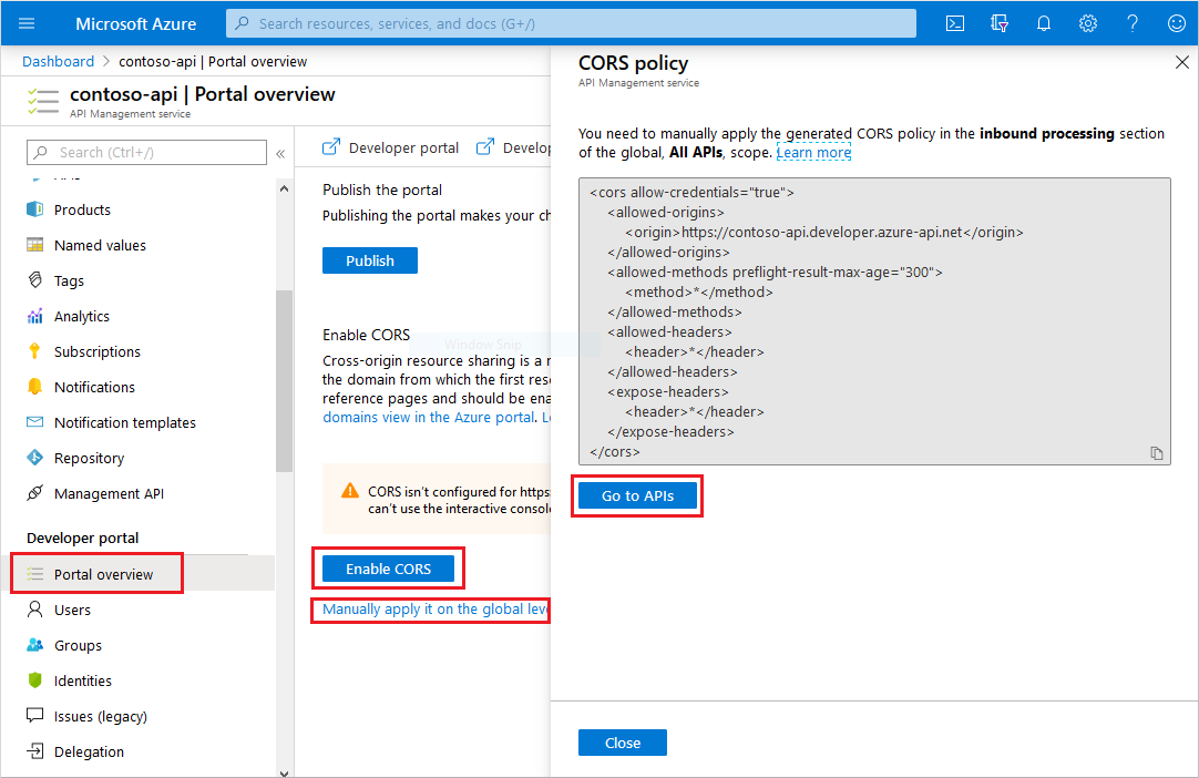 Снимок экрана, на котором показано, где проверка состояние политики CORS на портале разработчика.
