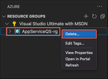 Screenshot of the Visual Studio Code navigation to delete a resource that contains App Service resources.