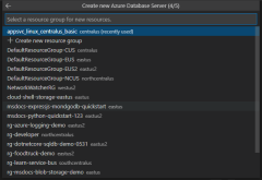 A screenshot of the dialog in VS Code used to select resource group to put the new database in.