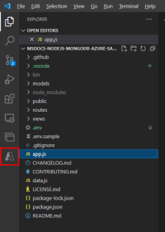 A screenshot showing the location of the Azure Tool icon in Visual Studio Code.