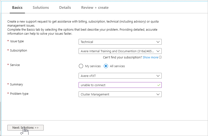 screenshot of a new support request screen in the Azure portal. The Basics tab is selected. Screen items include Issue type, Subscription, Service, Summary, and Problem type.