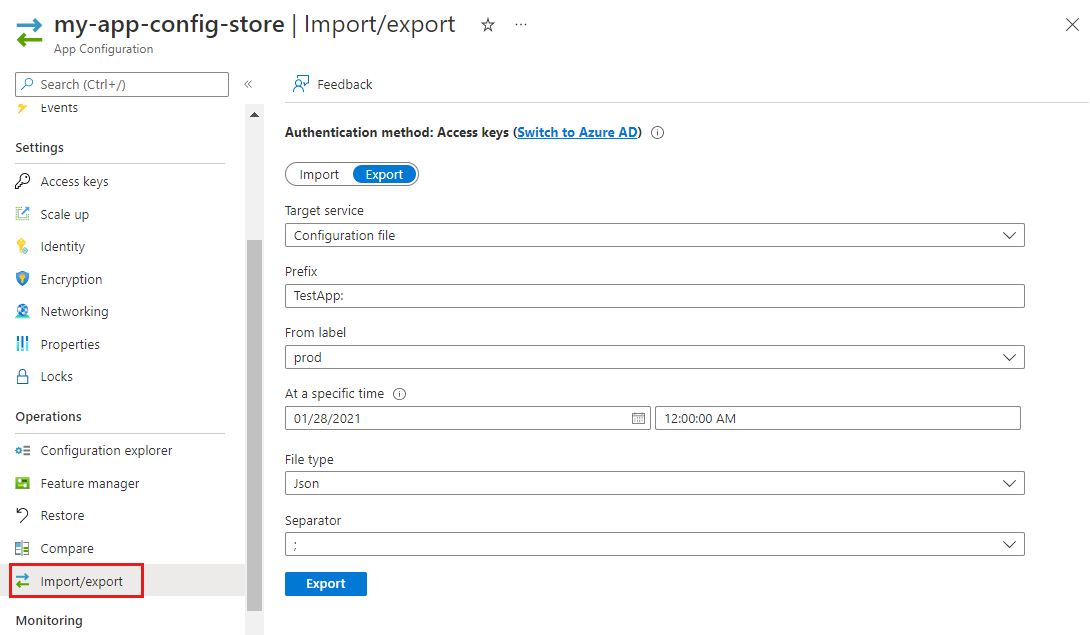Снимок экрана: экспорт файла на портале Azure