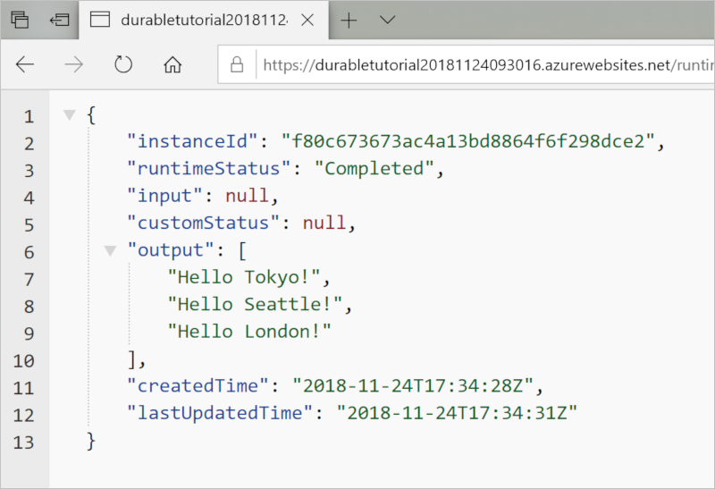 Снимок экрана: окно Edge. В окне показаны выходные данные вызова простой устойчивой функции в Azure.