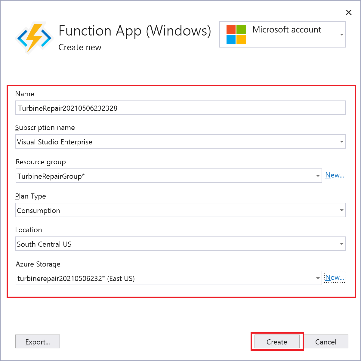 Создание нового приложения-функции в Azure с хранилищем