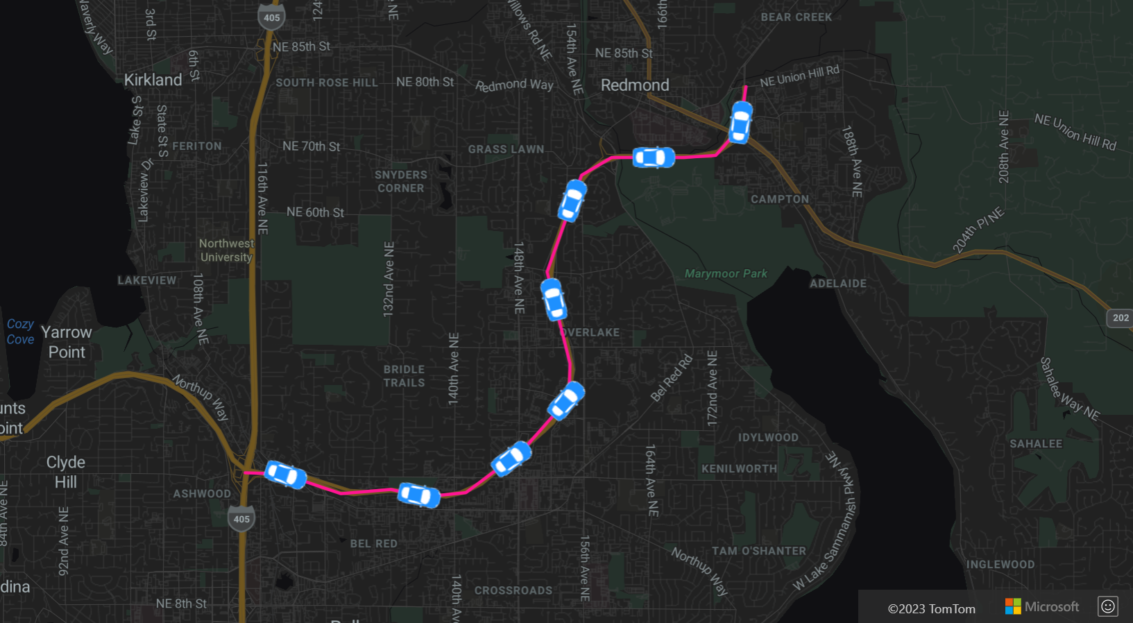 Снимок экрана: карта, показывающая слой линии, обозначающий маршрут значками автомобиля вдоль маршрута.