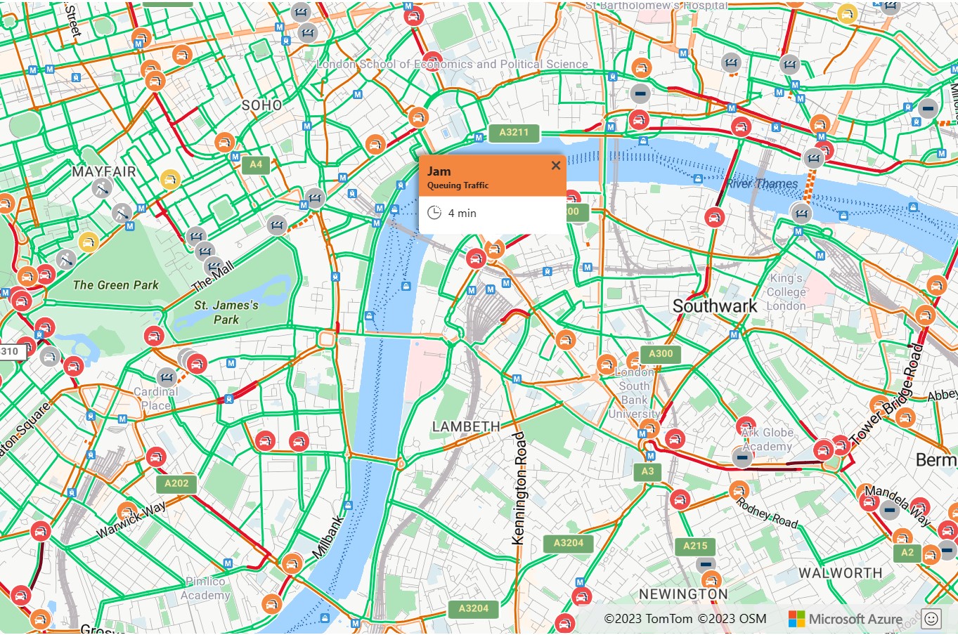 Всплывающее окно с данными о дорожном движении в Azure Maps