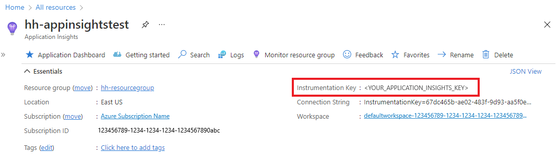 Снимок экрана: поиск ключа инструментирования в портал Azure.