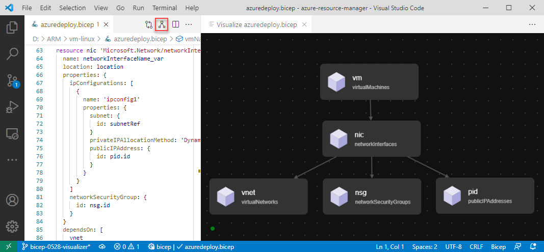 Снимок экрана: визуализатор ресурсов Bicep в Visual Studio Code