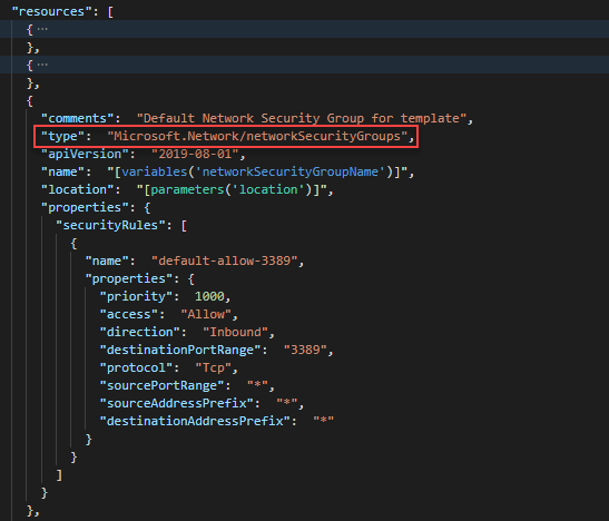 Снимок экрана: Visual Studio Code с определением группы безопасности сети в шаблоне ARM.
