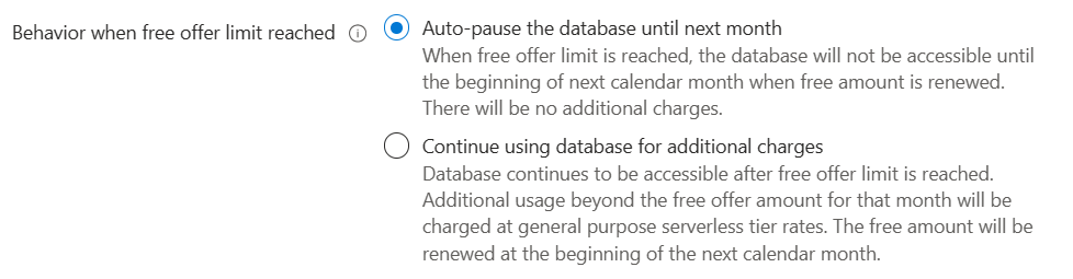 Screenshot from the Azure portal showing the free Azure SQL Database offer options.