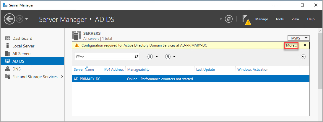 Диалоговое окно доменных служб Active Directory на виртуальной машине DNS-сервера