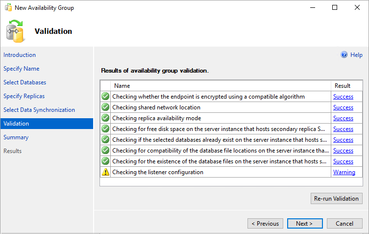 Screenshot of the page that shows the results of validation in the New Availability Group Wizard in SSMS.