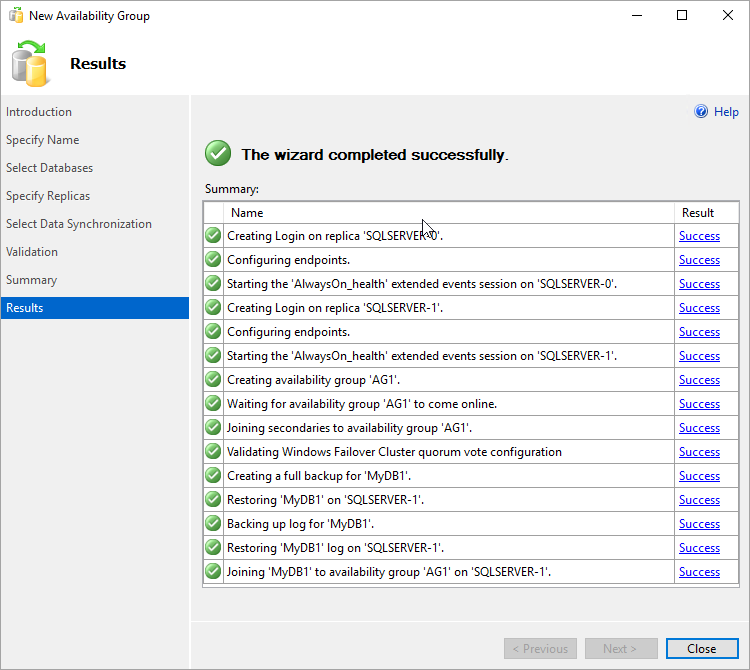 Screenshot that shows successful completion of the New Availability Group Wizard in SSMS.