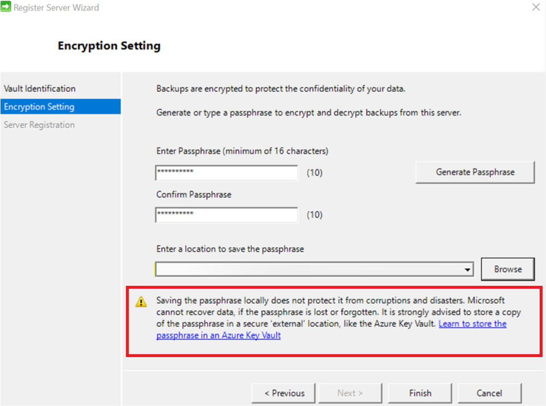 Screenshot showing to specify a passphrase to be used to encrypt and decrypt backups for machines.