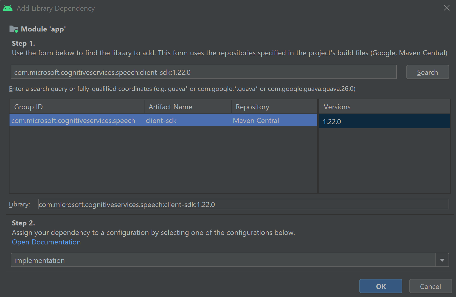 Screenshot showing how to search for and add the Speech SDK as a library dependency.