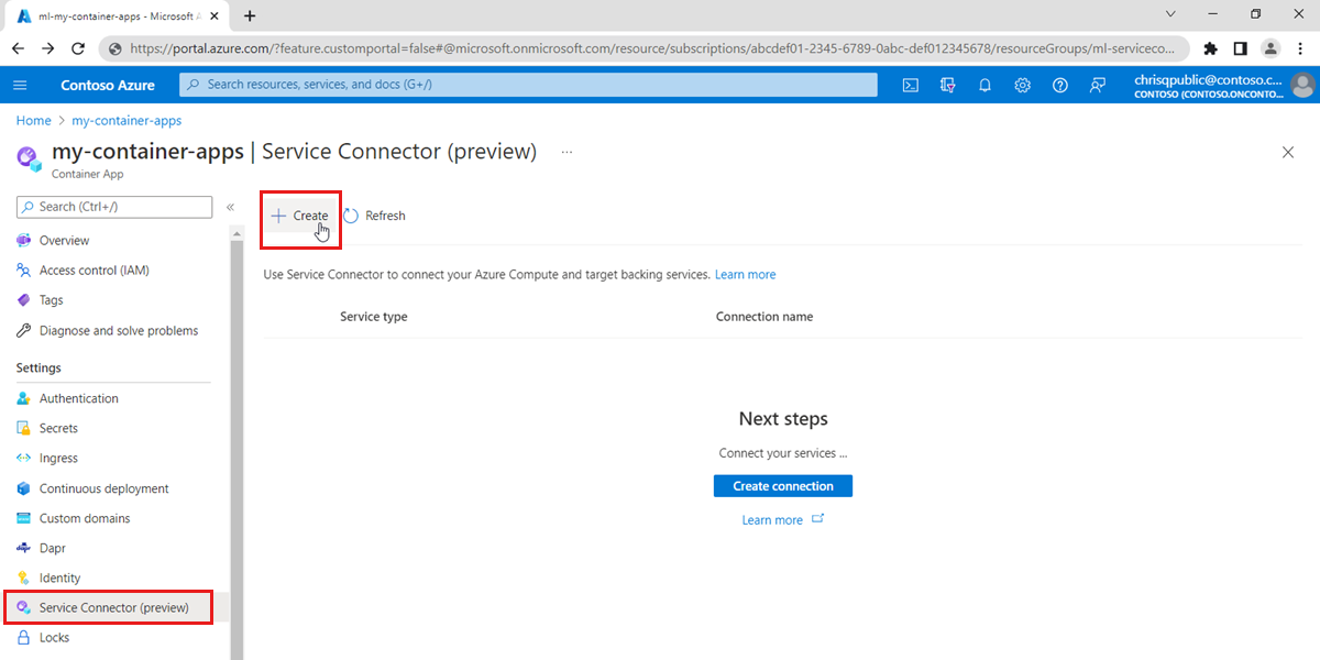 Screenshot of the Azure portal, selecting Service Connector within a container app.