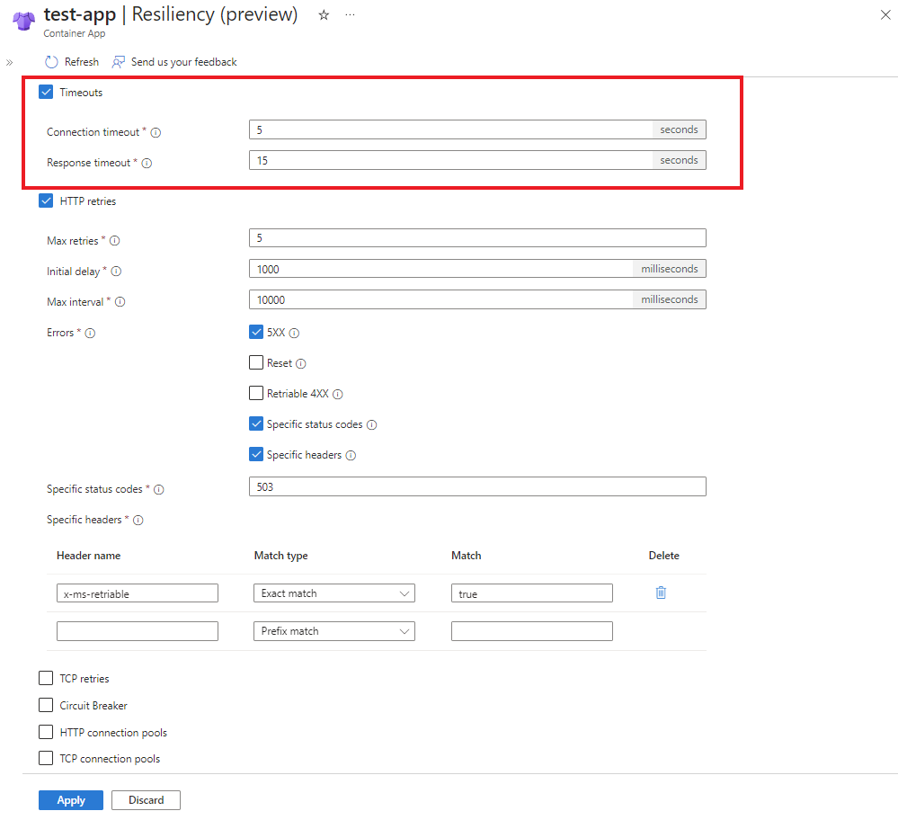Screenshot of setting the service discovery resiliency policies.