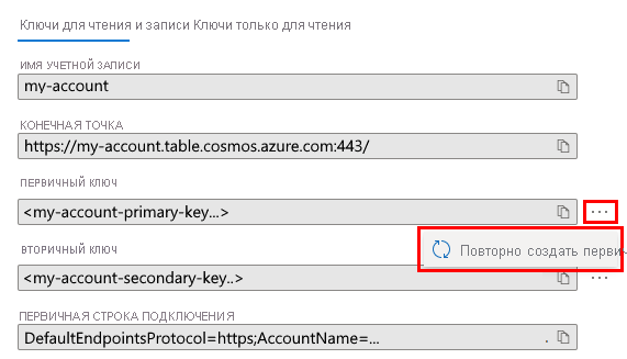 Screenshot showing how to regenerate the primary key in the Azure portal when used with the Table API.